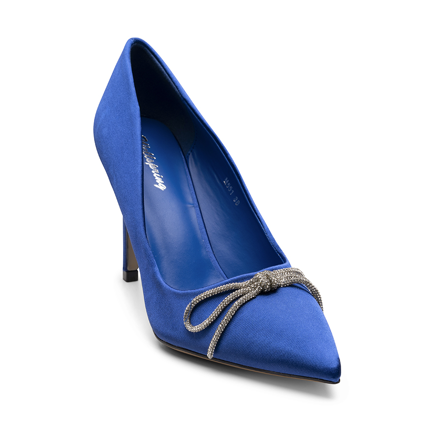 Pantofi dama cu toc subtire din material satinat cu funda decorativa Albastri Ozana