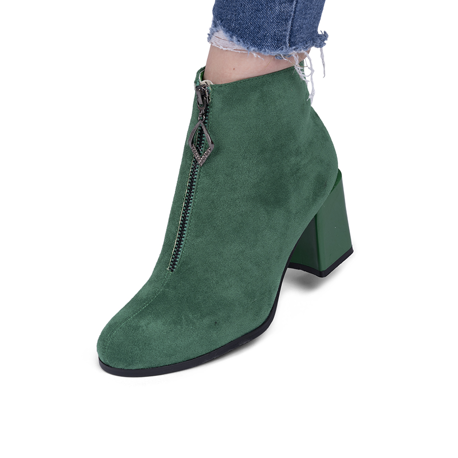 Botine dama cu toc patrat din piele ecologica intoarsa Verzi Raluca