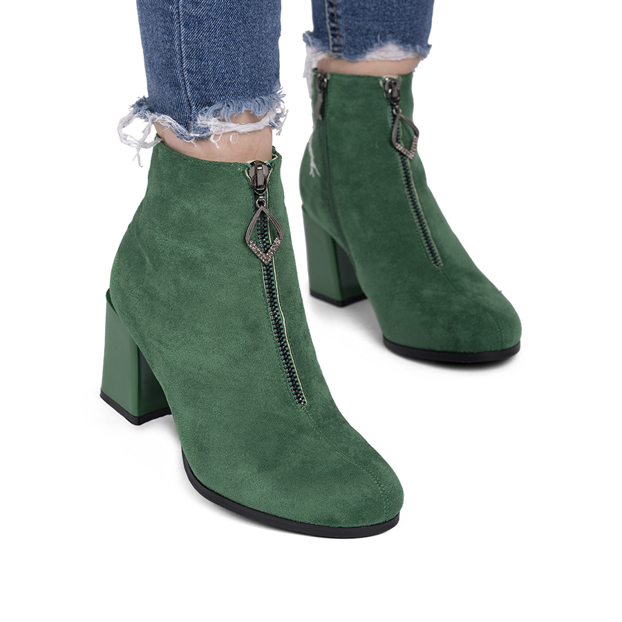 Botine dama cu toc patrat din piele ecologica intoarsa Verzi Raluca