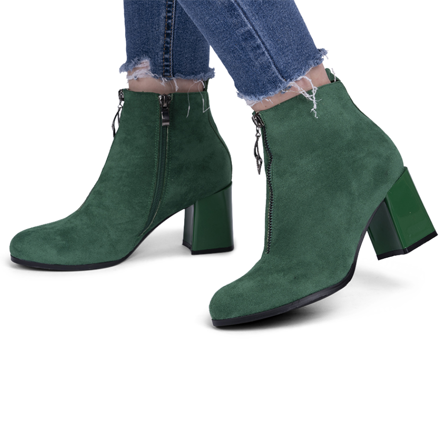 Botine dama cu toc patrat din piele ecologica intoarsa Verzi Raluca