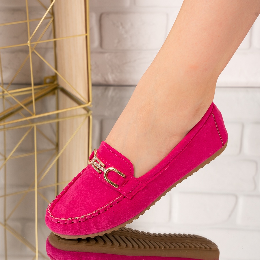 Pantofi dama casual din piele ecologica intoarsa cu accesoriu Fucsia Carolina