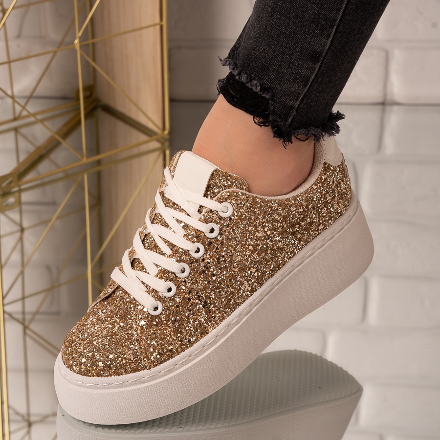Sneakersi dama din piele ecologica cu paiete aurii hailey marimea 38