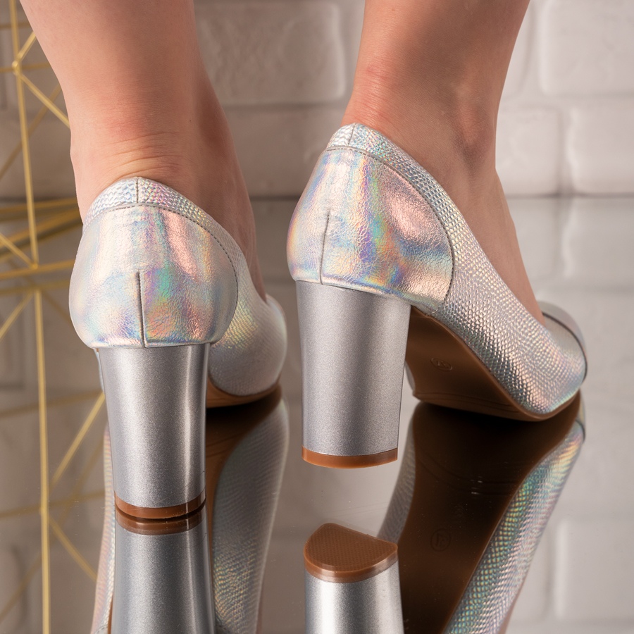 Pantofi dama din piele ecologica cu toc patrat si model Argintii Stephani