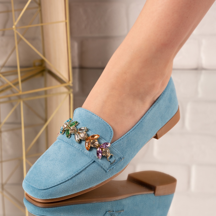 Pantofi casual din piele ecologica intoarsa cu accesorii de cristal colorate Albastri Zonta
