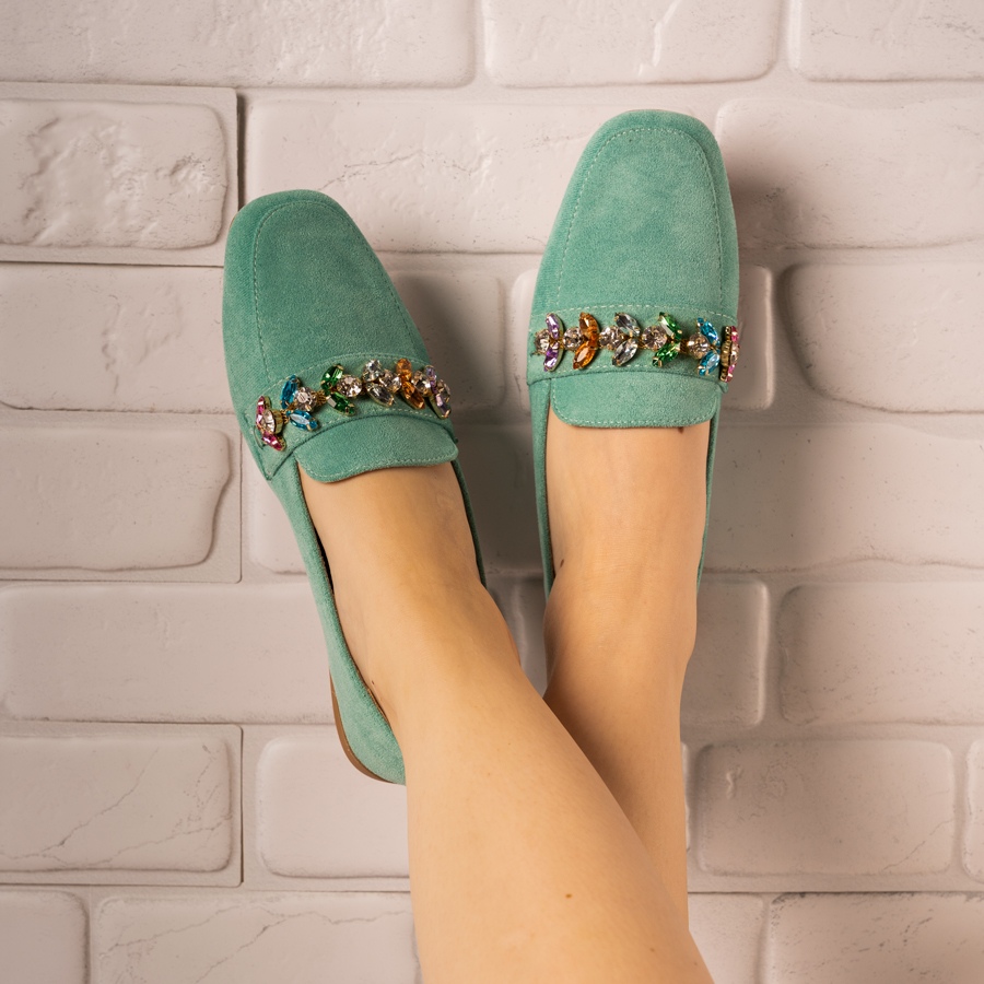 Pantofi casual din piele ecologica intoarsa cu accesorii de cristal colorate Verzi Zonta