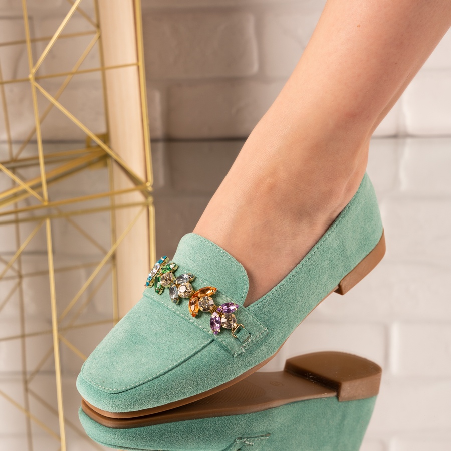 Pantofi casual din piele ecologica intoarsa cu accesorii de cristal colorate Verzi Zonta