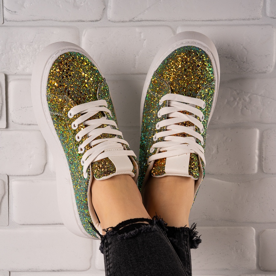 Sneakersi dama din piele ecologica cu paiete Verzi Hailey