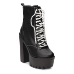 Botine dama cu siret decorativ si fermoar cu toc patrat si platforma Negre Nikia