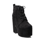 Botine dama din  piele ecologica intoarsa cu toc gros si platforma cu siret Negre Bry