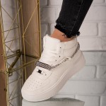 Sneakers dama din piele ecologica Albi cu lantisor si pietre  Raquela