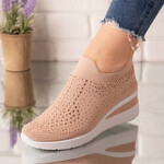 Sneakersi dama cu talpa inalta din material textil si pietre Roz Nergis