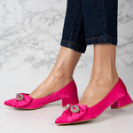 Pantofi dama cu toc patrat si brasa cu pietre din satin Fucsia Lucie
