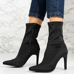 Botine cu toc subtire din material textil Negre Hanna