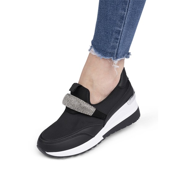 Pantofi casual dama din piele ecologica cu bareta de pietre Negri Elisa