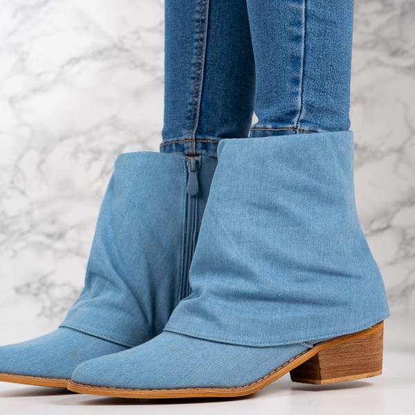Botine dama cu toc patrat din textil Albastre Chiara