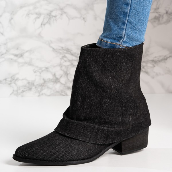 Botine dama cu toc patrat din textil Negre Chiara