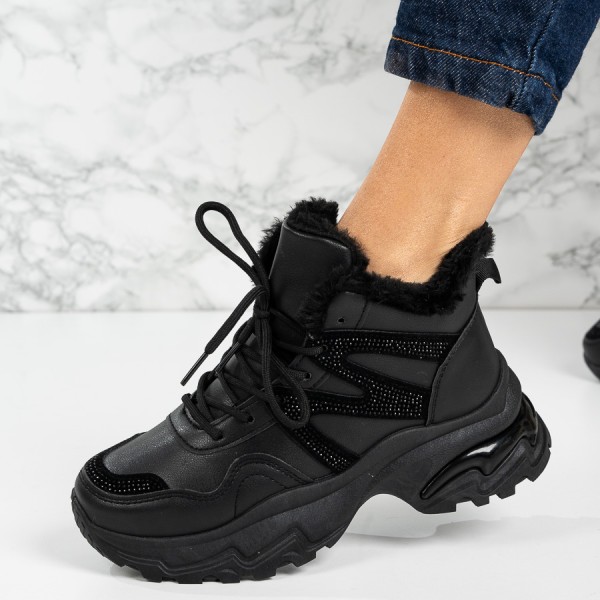 Ghete dama imblanite din piele ecologica PREMIUM Negre Genesis