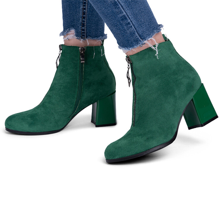 Botine dama cu toc patrat din piele ecologica intoarsa Verzi Raluca