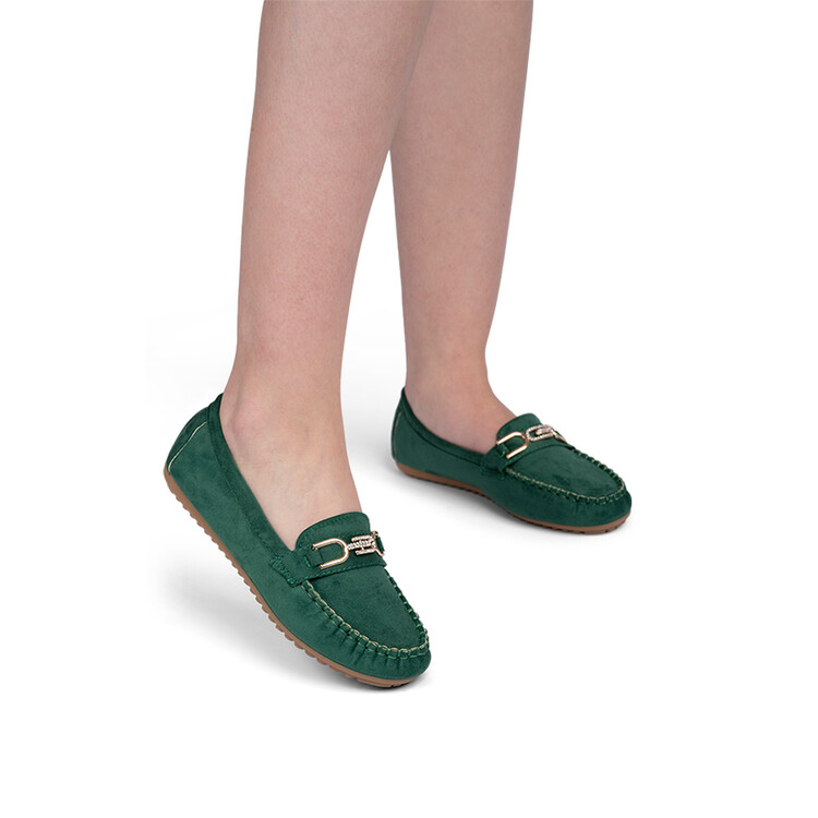Pantofi dama casual din piele ecologica intoarsa cu accesoriu Verzi Carolina