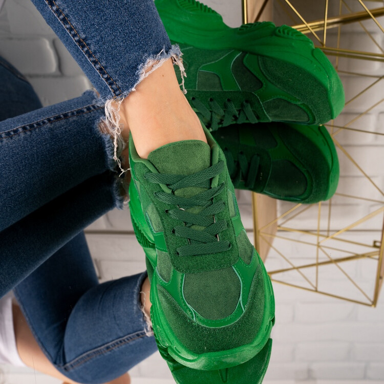 Sneakersi dama cu talpa inalta din piele ecologica intoarsa Verzi Ayla