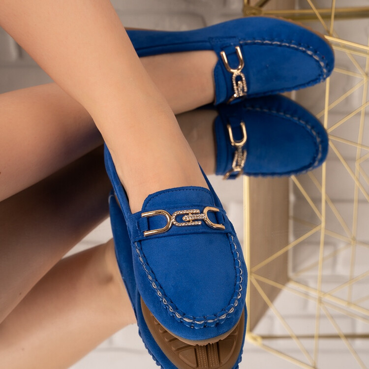 Pantofi dama casual din piele ecologica intoarsa cu accesoriu Albastri Carolina