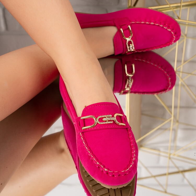 Pantofi dama casual din piele ecologica intoarsa cu accesoriu Fucsia Carolina