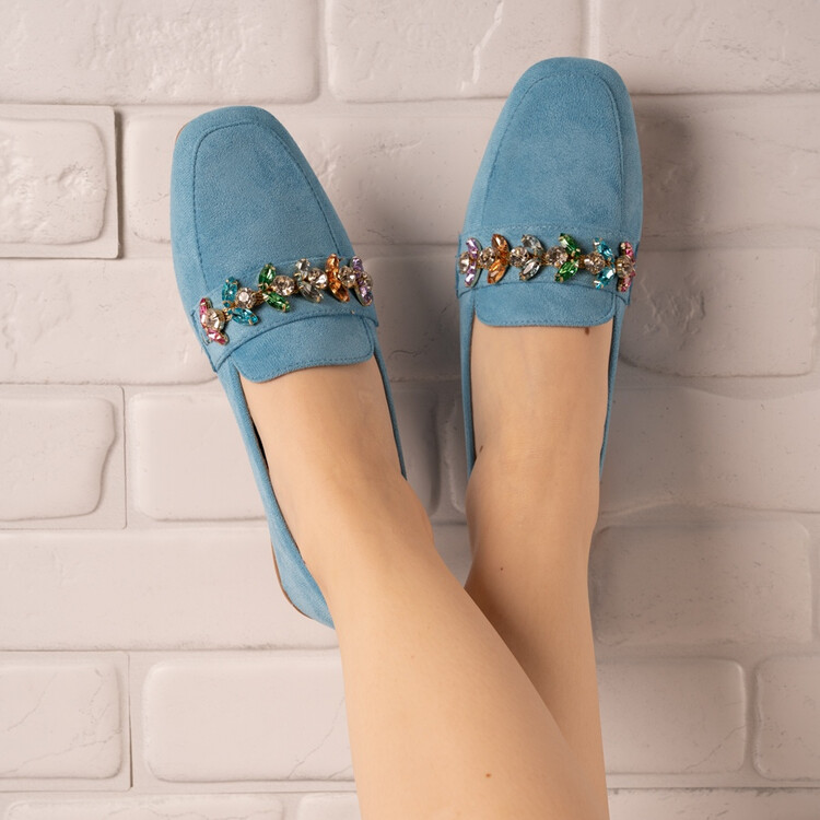 Pantofi casual din piele ecologica intoarsa cu accesorii de cristal colorate Albastri Zonta
