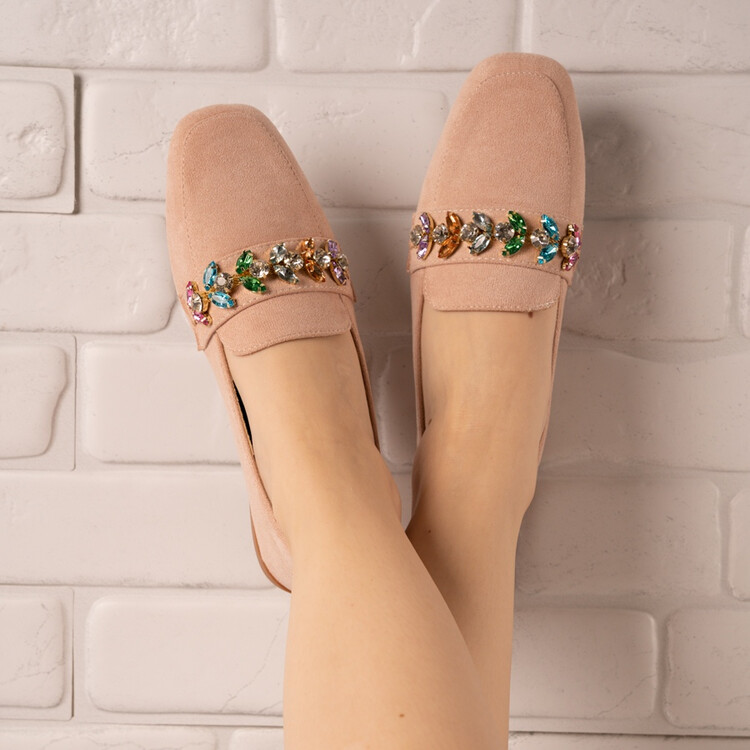 Pantofi casual din piele ecologica intoarsa cu accesorii de cristal colorate Bej Zonta