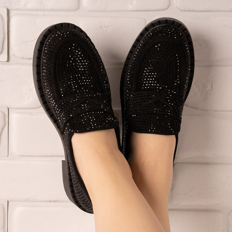 Pantofi dama casual din piele ecologica intoarsa cu pietre Negri Ariana