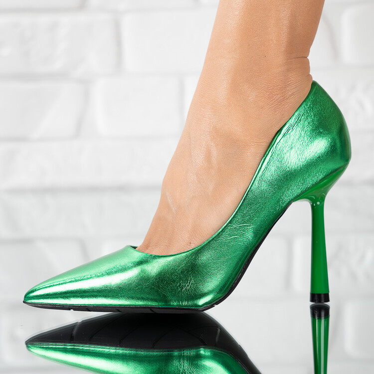Pantofi dama stiletto din piele ecologica Verzi Eleri