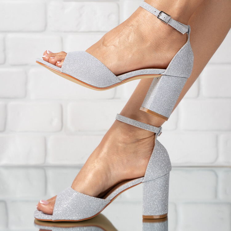 Sandale dama cu toc din piele ecologica Argintii Damaris