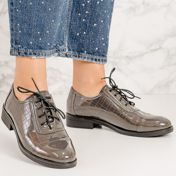 Pantofi dama casual din piele ecologica lacuiti cu model Gri Kortney
