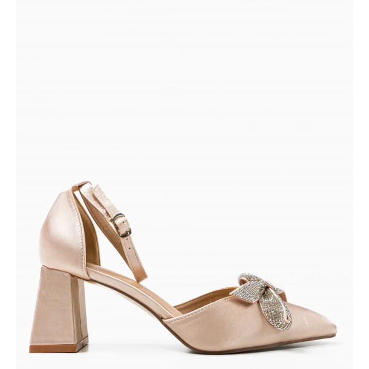 Pantofi dama cu toc patrat si funda cu pietre din satin LAURA
